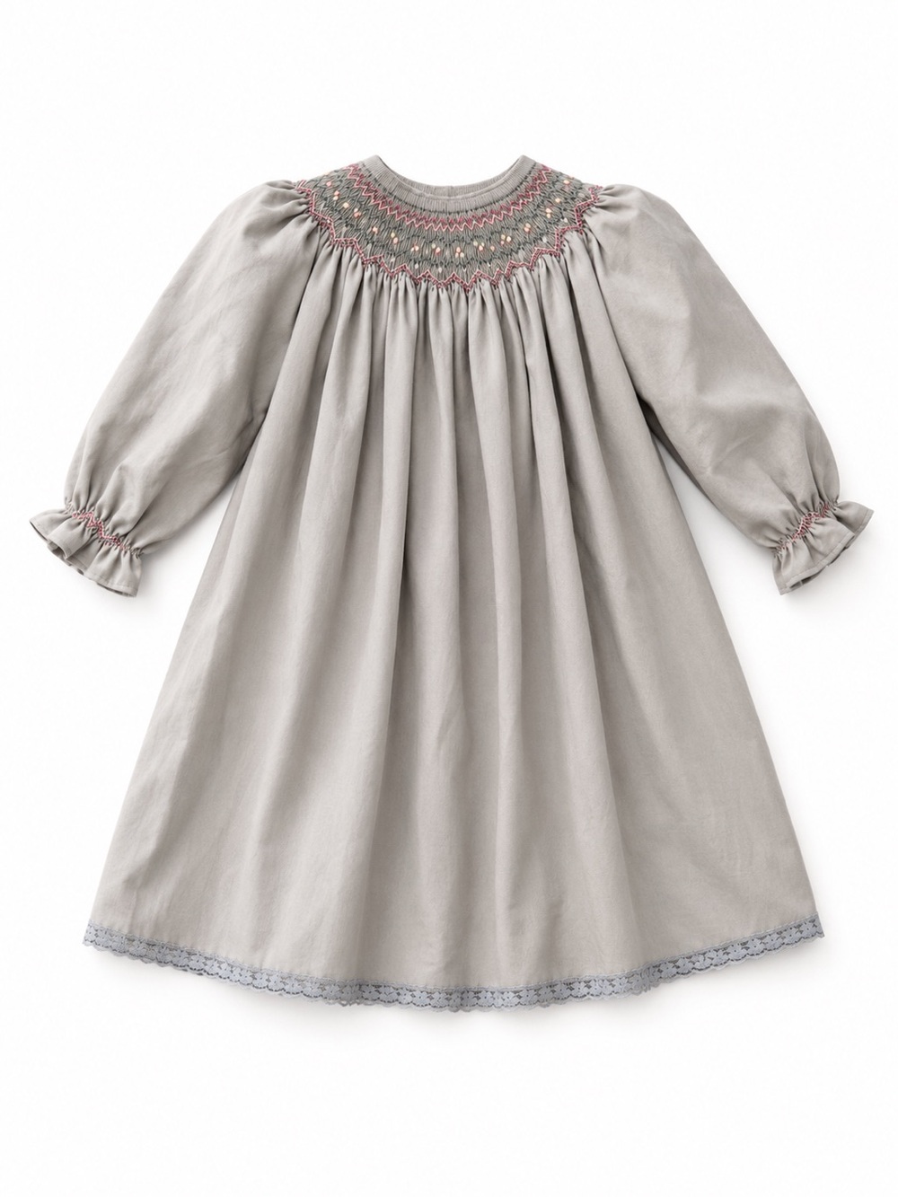 Smocked Long-Sleeve Kids Dress in Light Gray